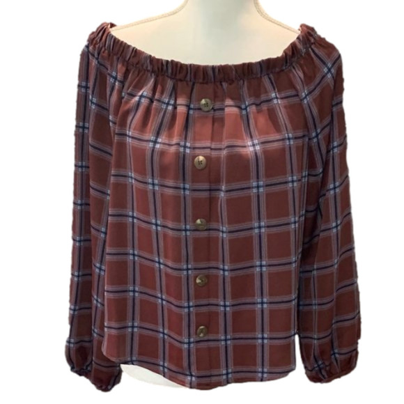 🔥🔥SALE🔥BY TOGETHER Plaid Checker Print Off Shoulder Button Down Front Top NWT - Picture 1 of 4
